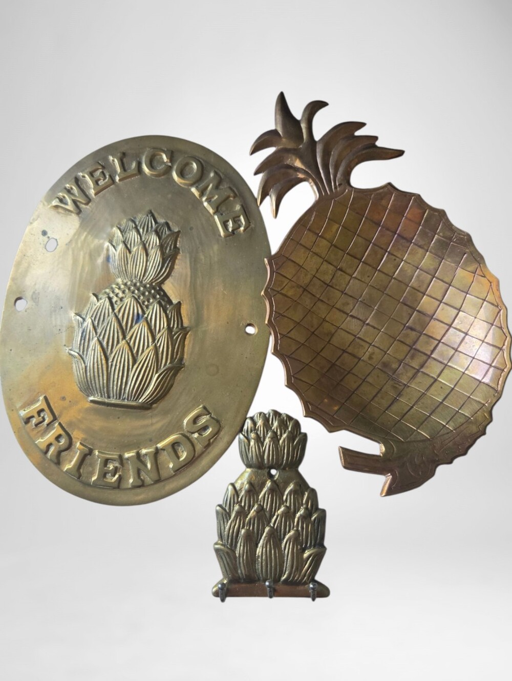 Vintage Brass MCM Pineapple Set Wall Plaque Trinket Tray Key Holder